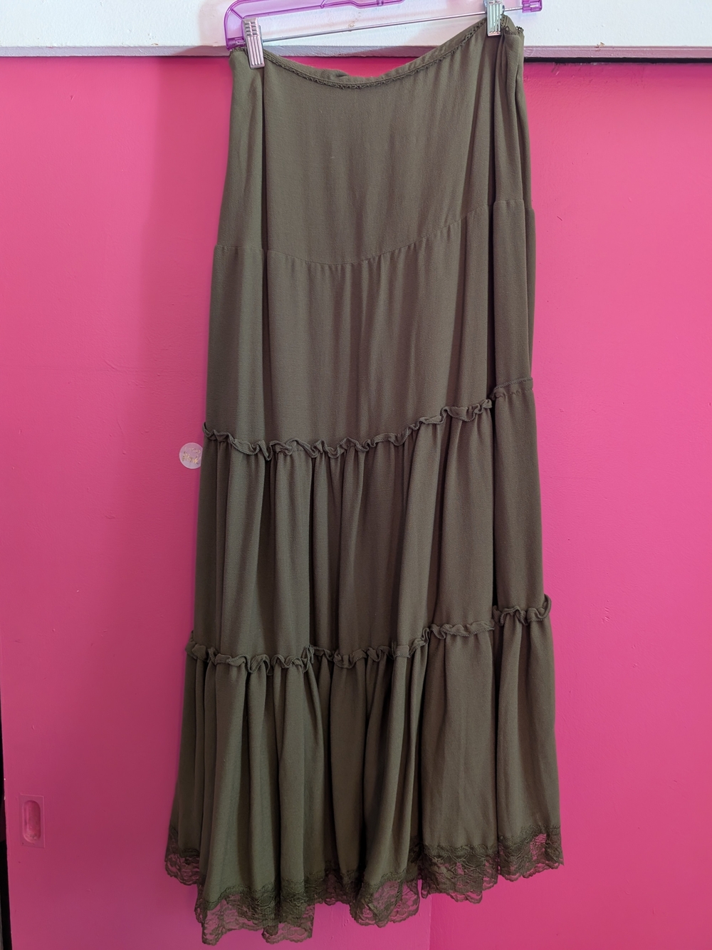 ROMWE Olive Tiered Maxi Skirt with Lace Trim